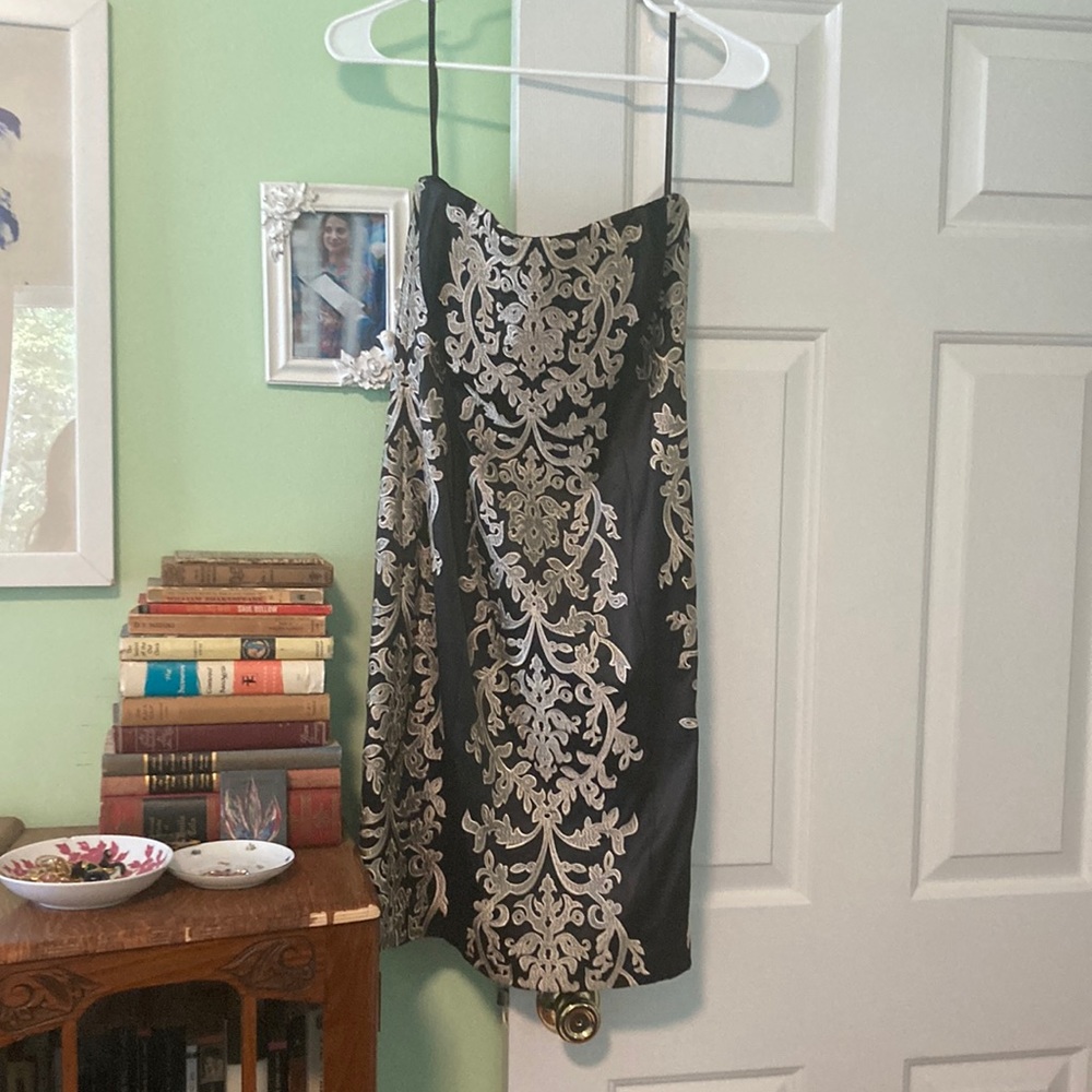 Satin strapless formal cocktail dress black with lace floral embroidery brocade
